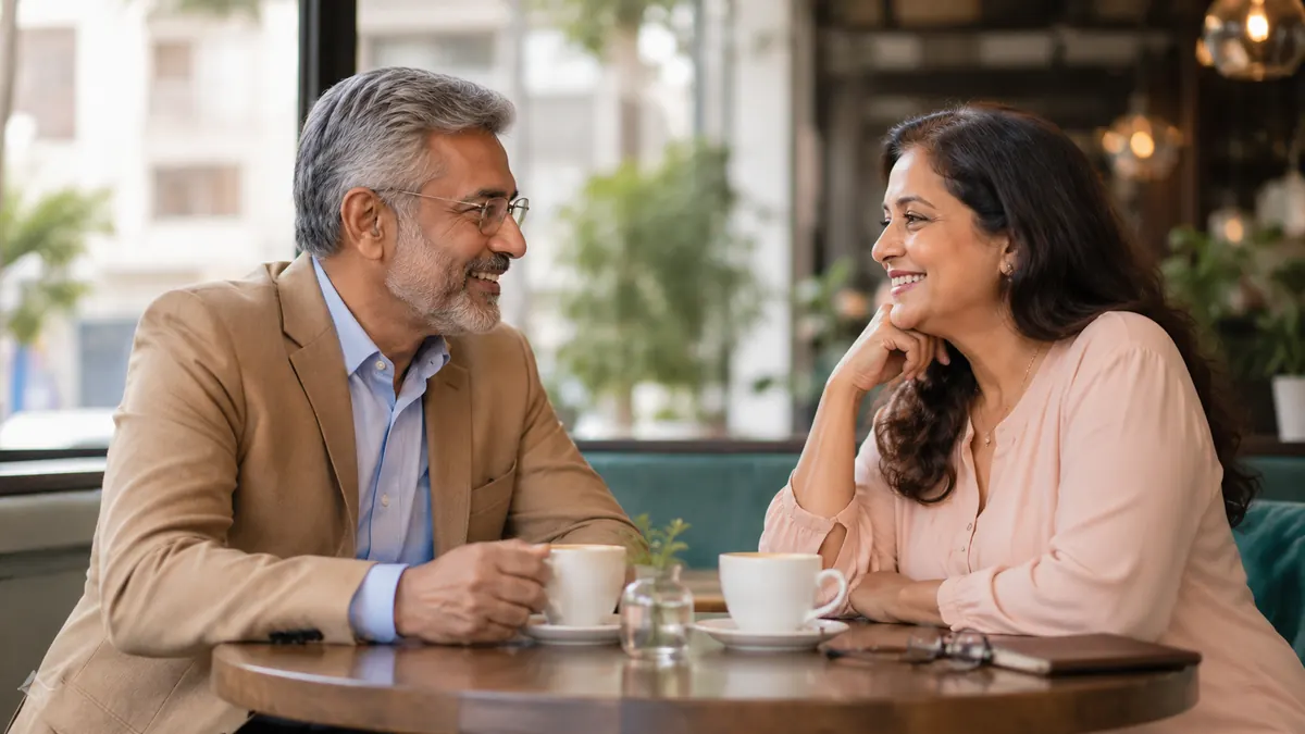 Two adults talking over coffee for a UK dating legal guide